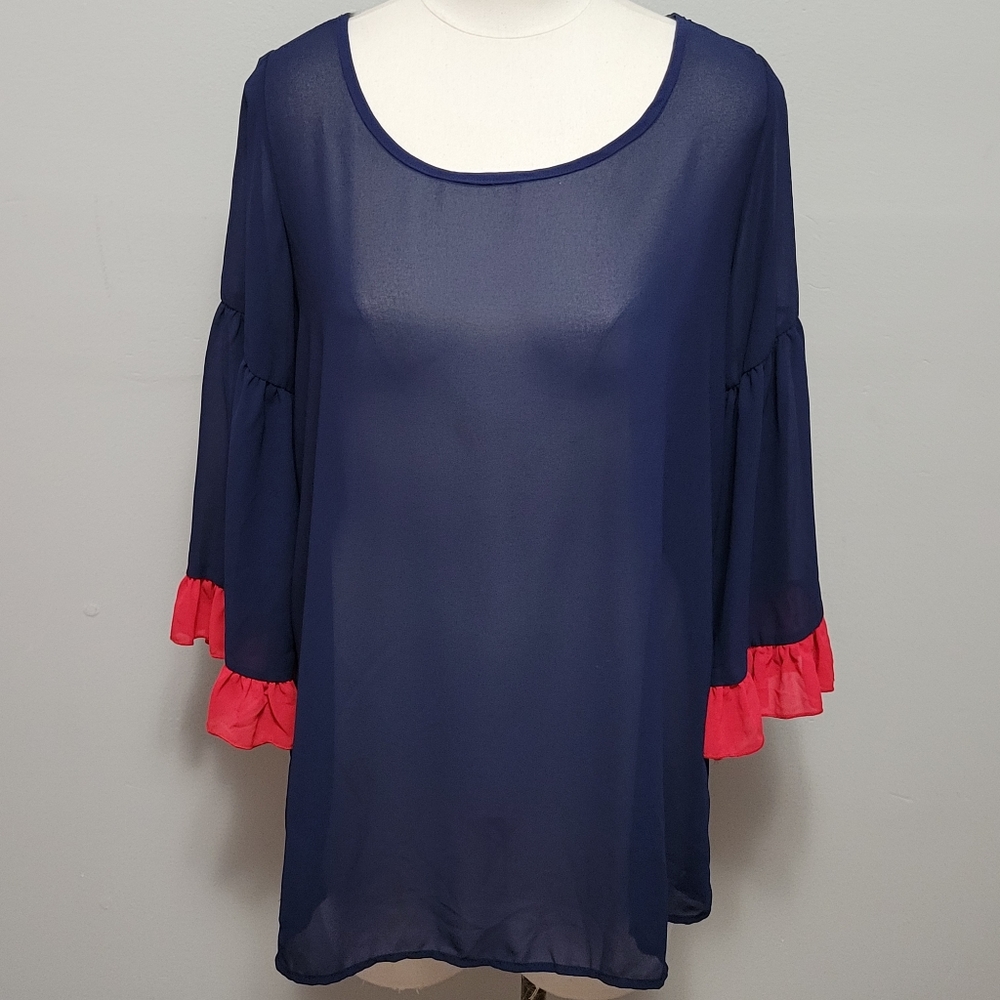 By Together blue red ruffle sheer tunic  blouse size large